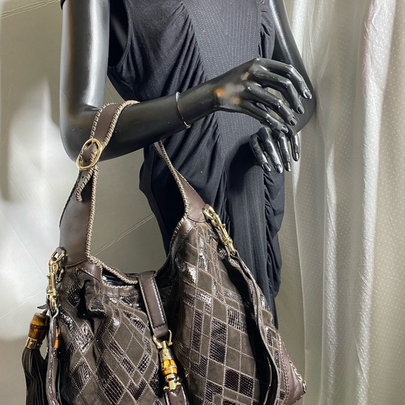 Gucci NEW JACKIE Brown ARGYLE Python Leather/Suede XL Shoulder Bag Bamboo Tangle - Picture 4 of 6